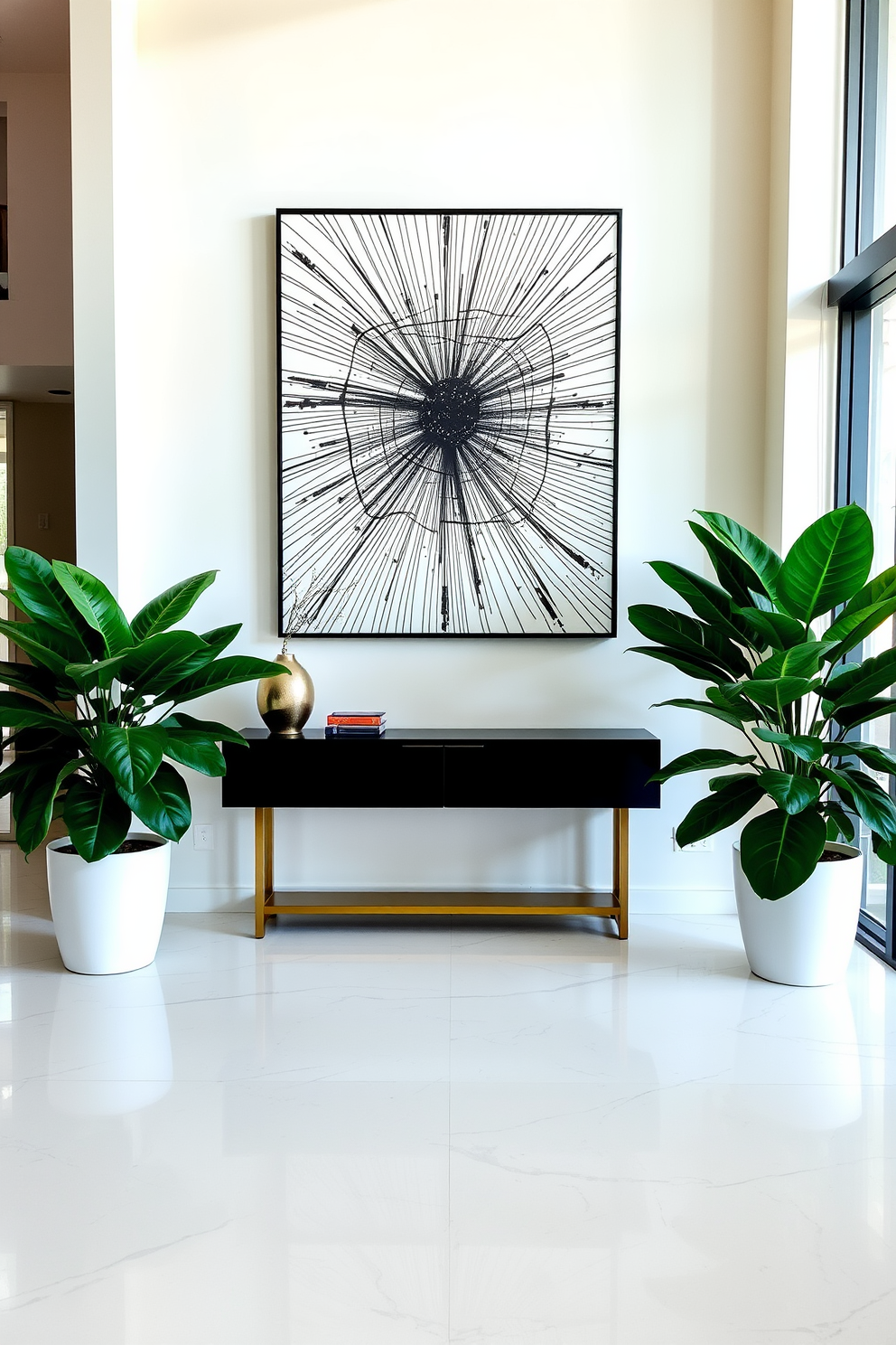 A contemporary foyer featuring large potted plants that add a touch of natural greenery. The space is bright and airy with high ceilings and a sleek console table against the wall. The flooring is a polished marble that reflects the light beautifully. A striking piece of modern art hangs above the console, creating a focal point in the entrance area.