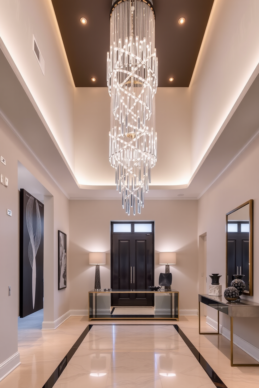 A stunning foyer features a statement chandelier that cascades from the ceiling, providing dramatic lighting that enhances the space. The walls are adorned with elegant artwork, and a sleek console table sits against one side, topped with decorative accents and a stylish mirror.