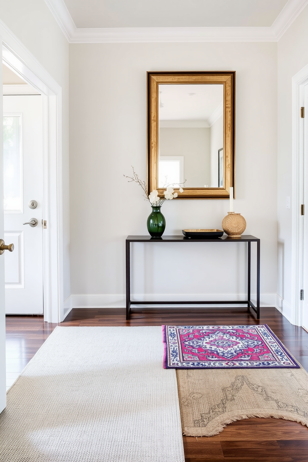 A contemporary foyer featuring layered rugs that add texture and warmth to the space. The first rug is a large neutral-toned piece, while a smaller, vibrant patterned rug is layered on top, creating visual interest. The foyer is adorned with a sleek console table against a light-colored wall. A statement mirror hangs above the table, reflecting natural light and enhancing the inviting atmosphere.