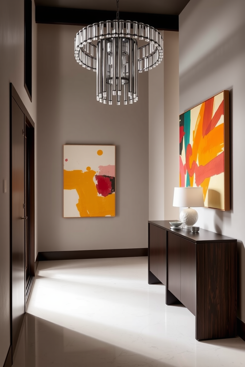 Artistic wall art for visual interest. A large abstract painting with bold colors hangs prominently on the wall, creating a focal point in the room. Contemporary foyer design ideas. The foyer features sleek lines with a minimalist console table and a statement light fixture that adds elegance to the entryway.