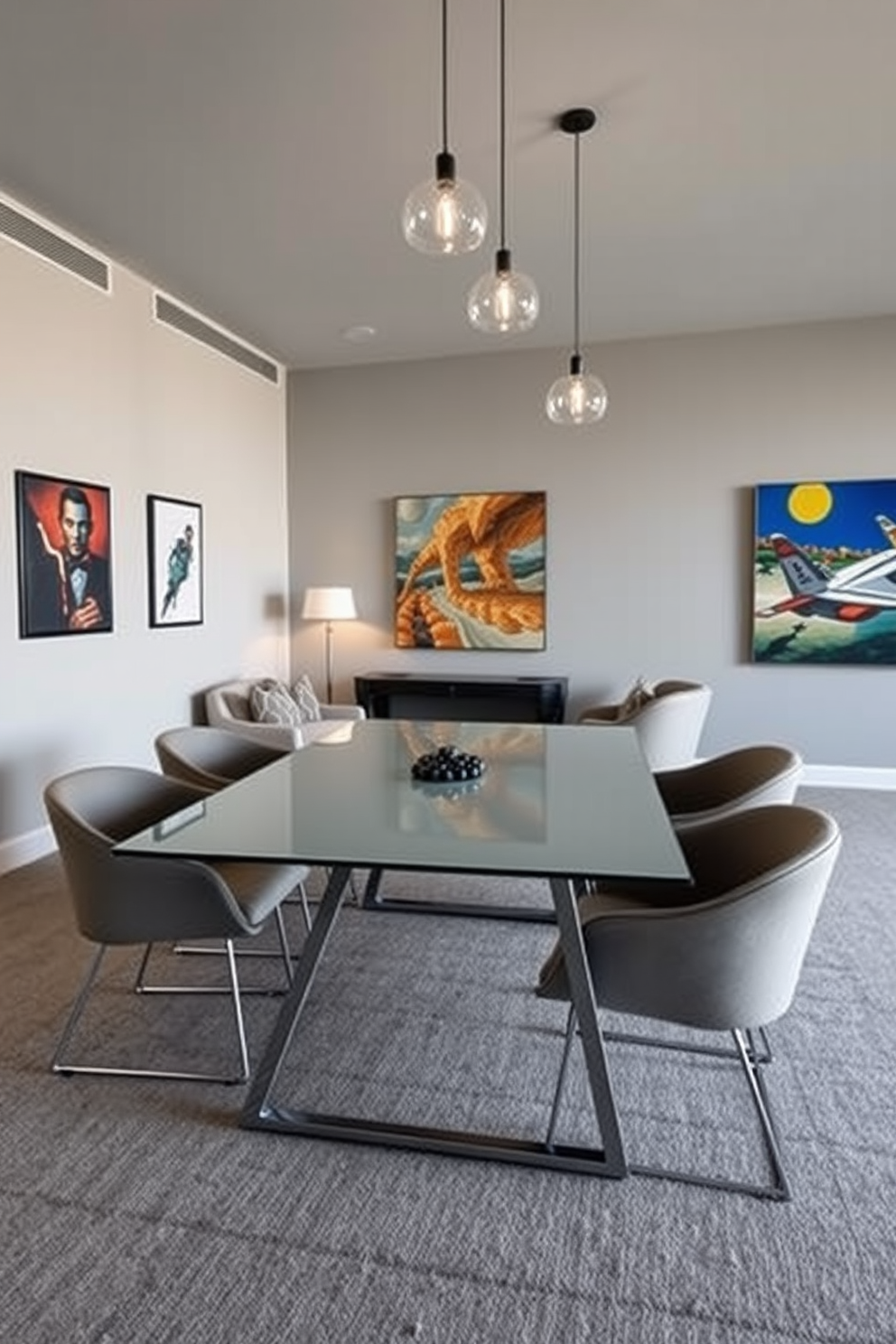 A sleek modern game table is positioned at the center of a spacious game room. The table features a smooth glass surface and minimalist metal legs, surrounded by comfortable, low-profile chairs in a neutral color palette. The walls are painted in a soft gray, creating a calming backdrop for the vibrant artwork displayed. Ambient lighting from stylish pendant fixtures casts a warm glow, enhancing the inviting atmosphere of the contemporary space.