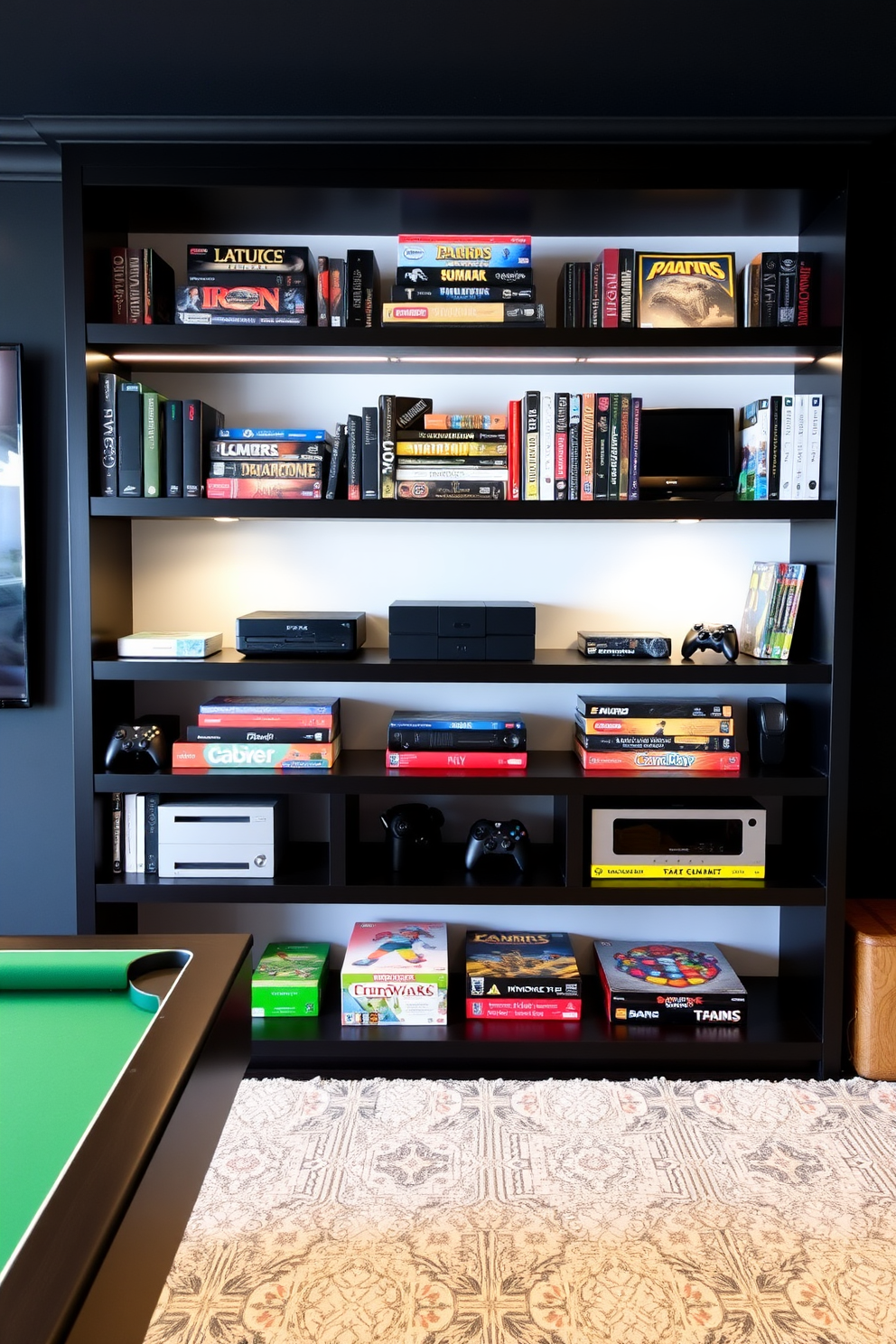 A contemporary game room featuring open shelving for game storage. The shelves are crafted from sleek black wood and neatly display a variety of board games and gaming consoles.