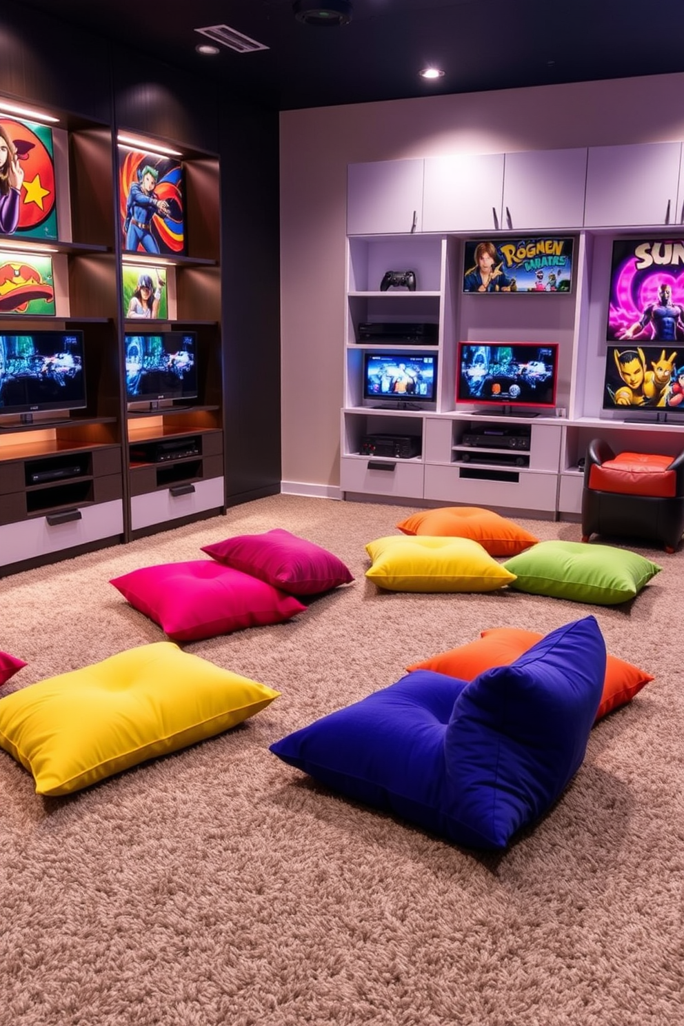 A contemporary game room features vibrant floor cushions scattered across a plush carpet, inviting relaxation and comfort. The walls are adorned with sleek shelving units displaying gaming consoles and colorful artwork, creating an engaging and playful atmosphere.