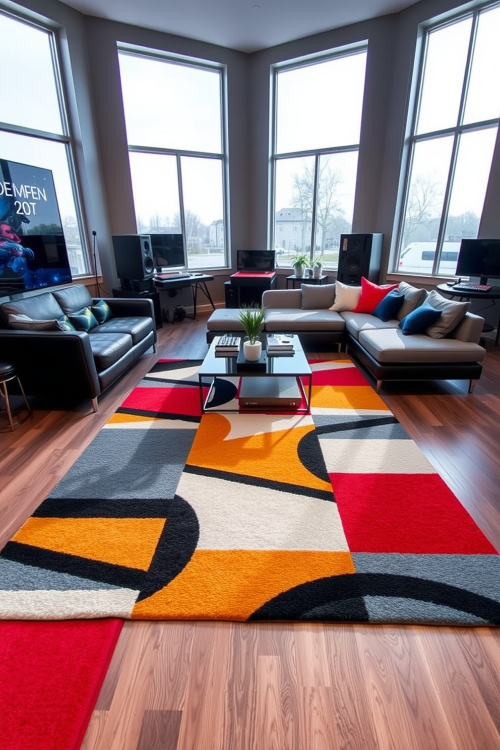 A stylish area rug is placed in the center of a contemporary game room, featuring bold geometric patterns in vibrant colors. The rug adds warmth and comfort to the space, complementing the sleek furniture and modern gaming setup. The game room is designed with a sectional sofa arranged around a low coffee table, creating an inviting atmosphere for socializing. Large windows allow natural light to flood the room, enhancing the overall aesthetic of modern elegance and fun.