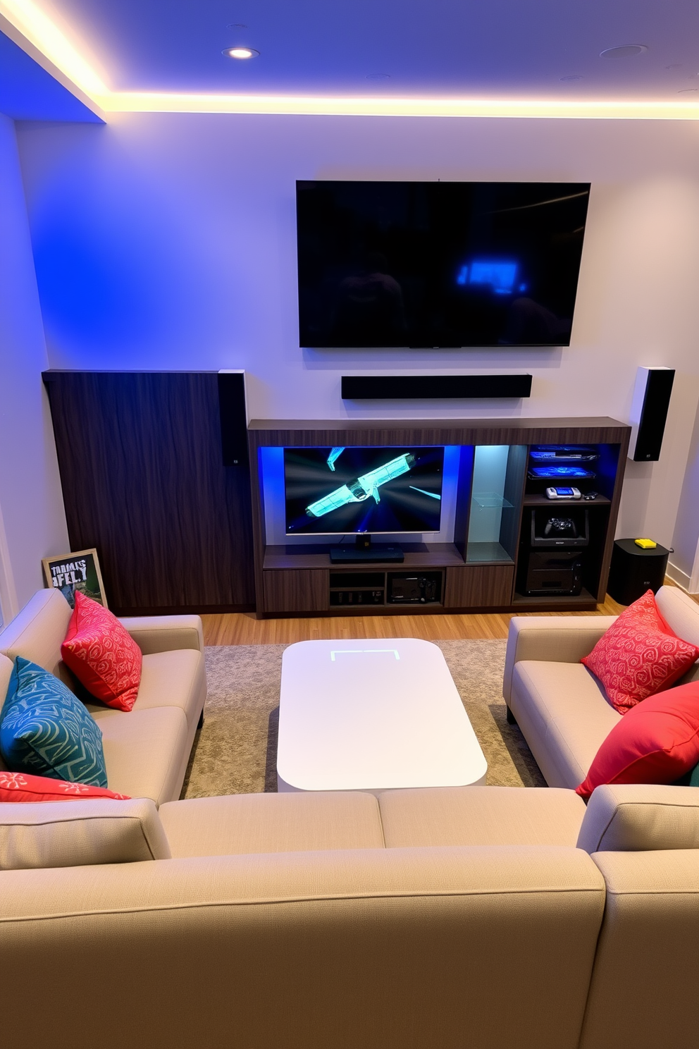 A contemporary game room featuring smart home technology integration. The room is equipped with a large flat-screen TV mounted on the wall, surrounded by sleek sound speakers and smart lighting that adjusts to the mood. The seating area includes a plush sectional sofa in a neutral color, complemented by colorful accent pillows. A modern coffee table sits in the center, while a gaming console and accessories are neatly organized in a stylish media cabinet.