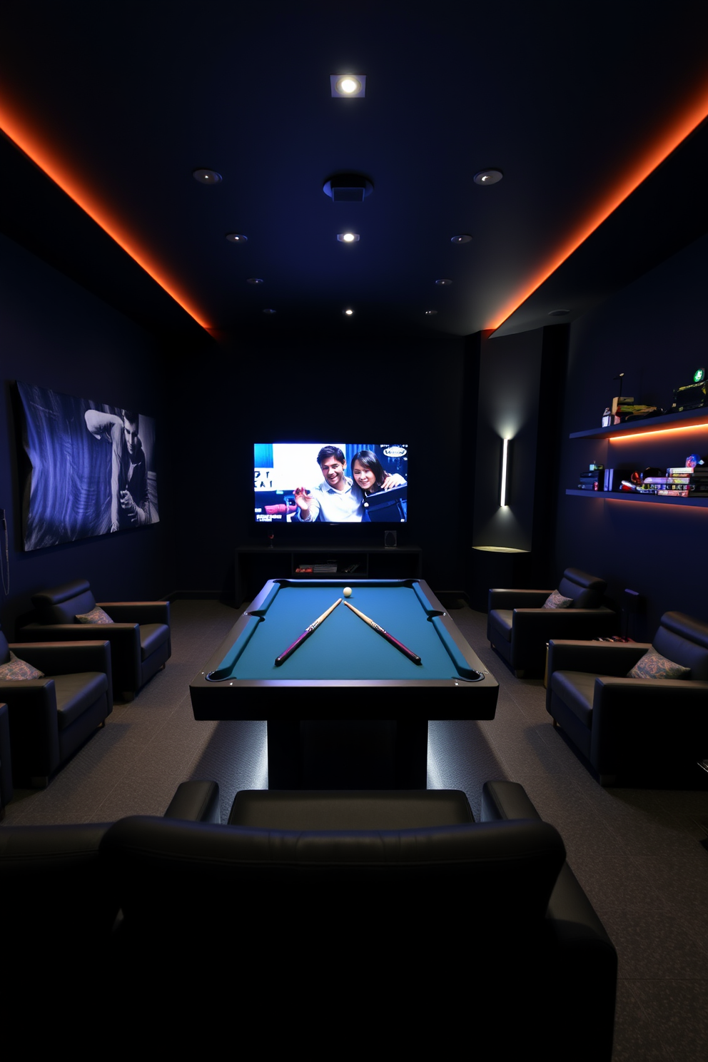 A contemporary game room with dark walls creates a dramatic and immersive atmosphere. The space features a sleek pool table in the center surrounded by modern seating and ambient lighting. A large flat-screen TV is mounted on one wall, perfect for gaming and movie nights. Stylish shelves display games and collectibles, adding a personal touch to the room's design.