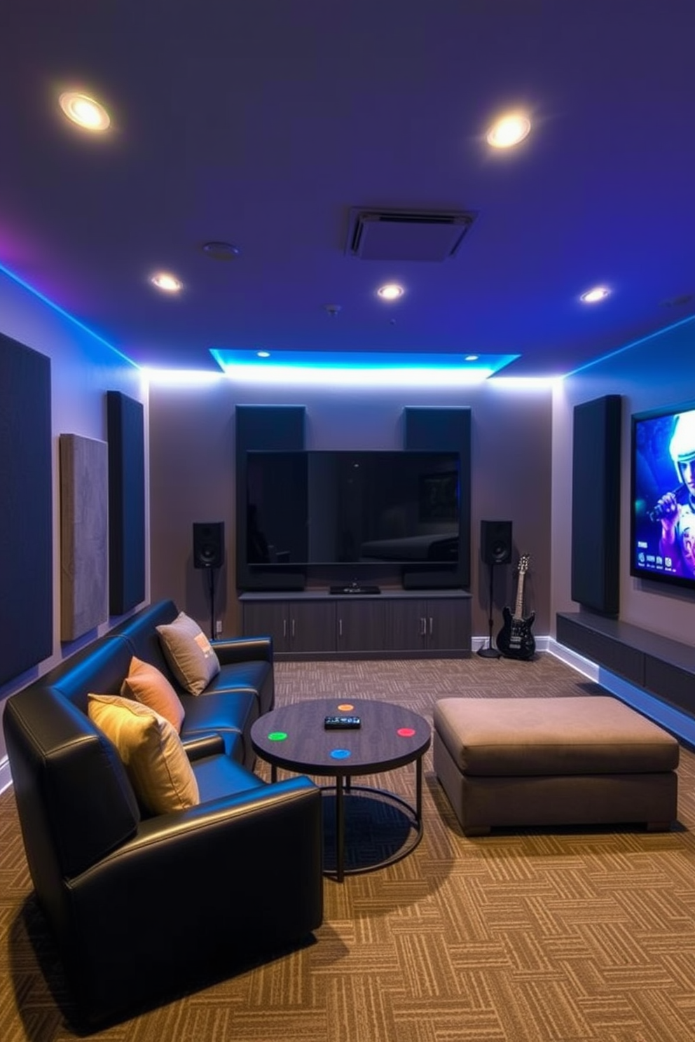 A contemporary game room features soundproofing panels strategically placed on the walls to minimize noise and enhance the gaming experience. The room is designed with comfortable seating, vibrant lighting, and a large screen for immersive gameplay.