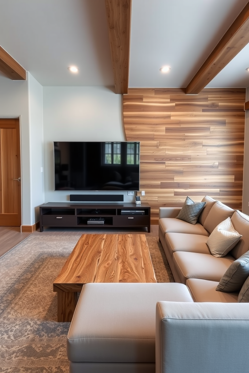 A contemporary game room featuring natural wood accents that add warmth to the space. The room includes a sleek sectional sofa in a neutral tone, paired with a rustic wooden coffee table and a large flat-screen TV mounted on a wooden feature wall.