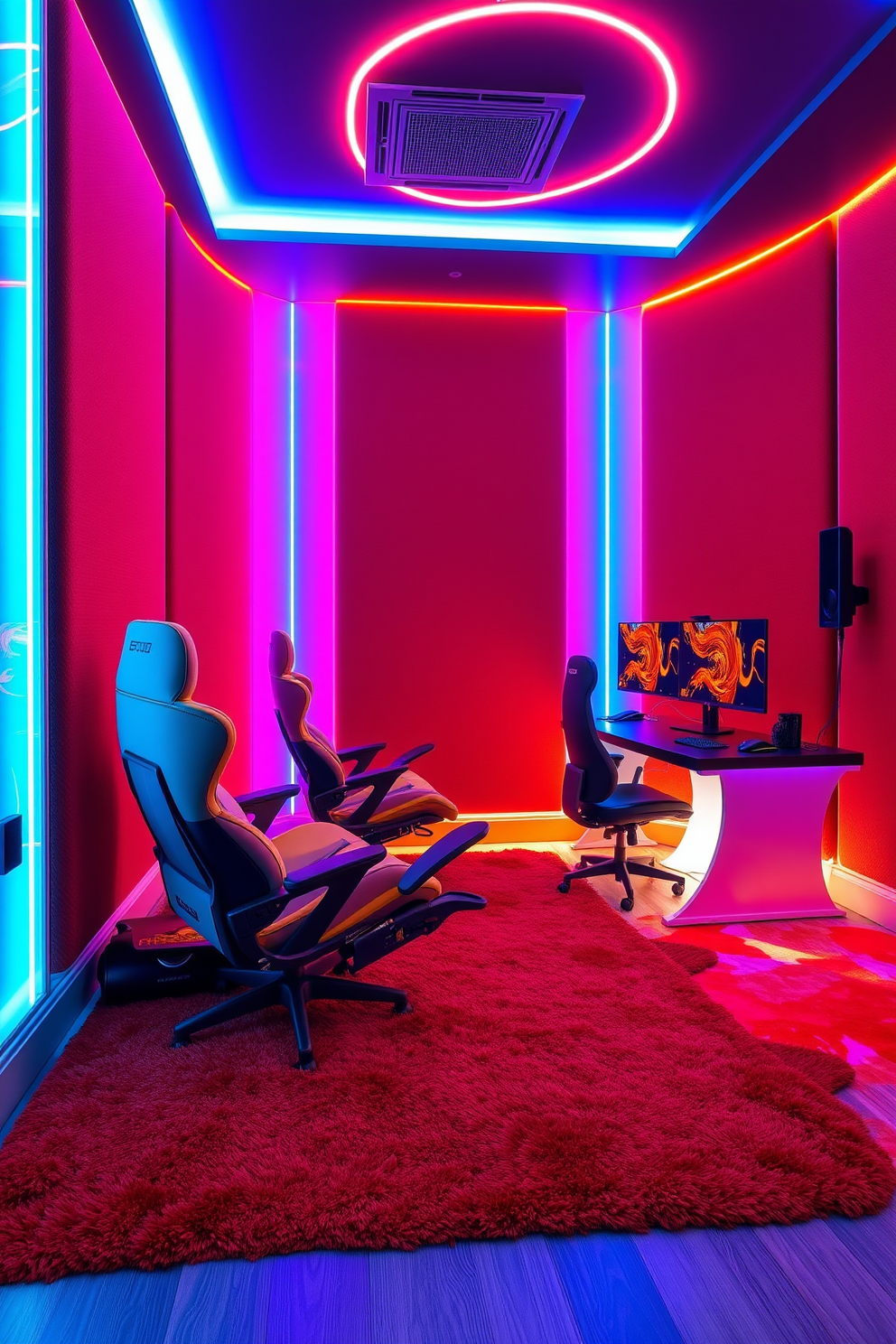 A vibrant gaming corner featuring ergonomic chairs designed for comfort and style. The walls are adorned with dynamic LED lighting, creating an immersive atmosphere for gaming enthusiasts. A sleek gaming desk holds multiple monitors, showcasing the latest technology. Plush rugs in bold colors enhance the space, while soundproofing panels ensure an uninterrupted gaming experience.