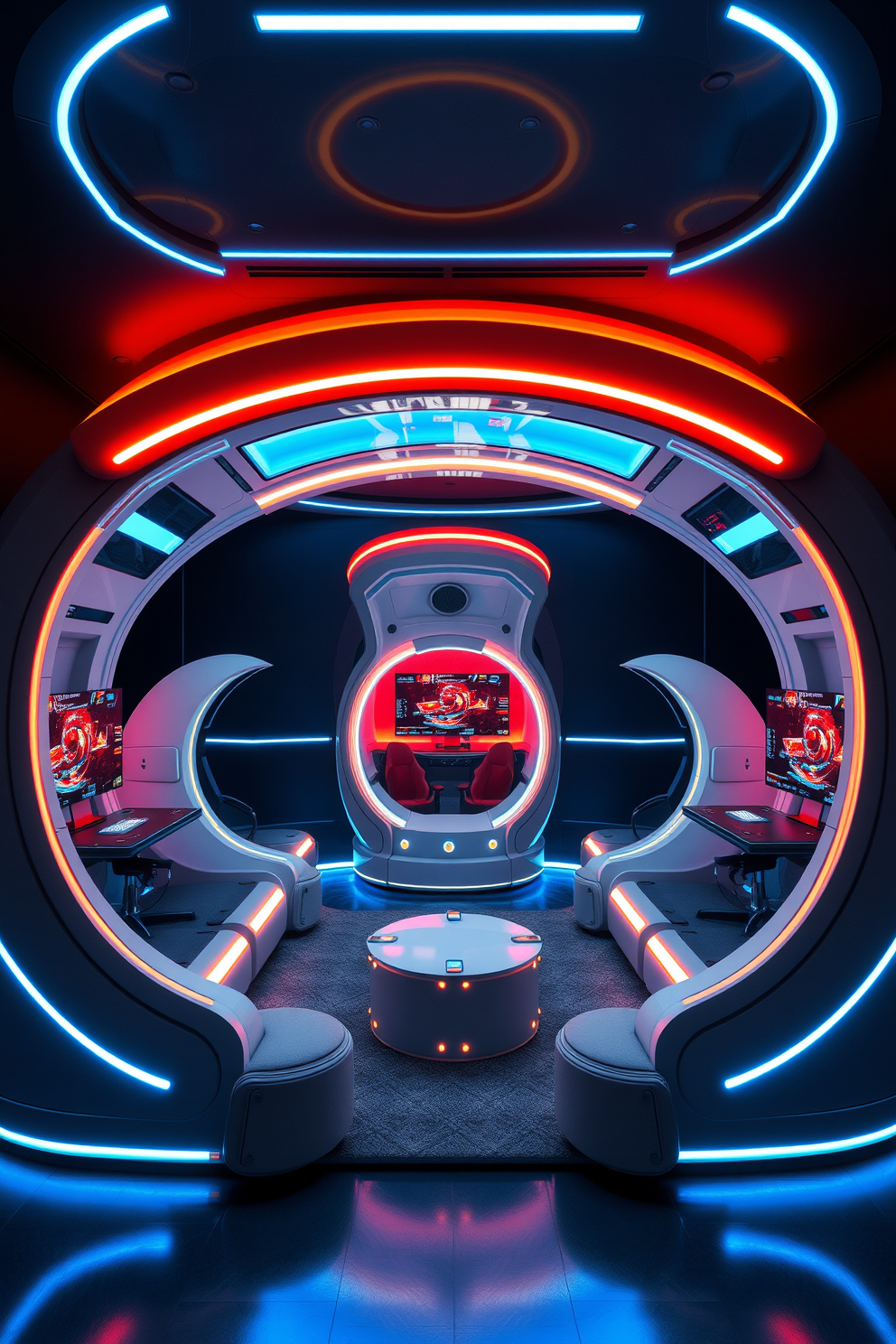 Futuristic gaming pods designed for total immersion. Sleek, curved structures with integrated LED lighting and surround sound systems create an otherworldly atmosphere. The room features a minimalist aesthetic with dark walls and neon accents. Comfortable seating and modular furniture allow for flexible arrangements to enhance the gaming experience.