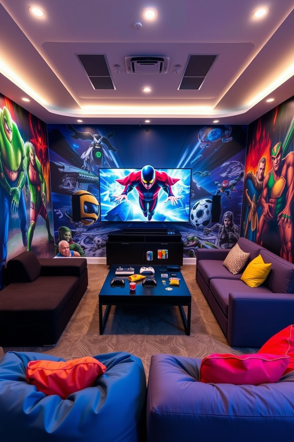 A contemporary game room designed with a theme based on favorite games. The walls are adorned with vibrant artwork featuring iconic characters and scenes, creating an immersive atmosphere. The seating area includes a sleek sectional sofa in a bold color, complemented by colorful bean bags for additional seating. A large coffee table in the center displays game controllers and snacks, while a state-of-the-art entertainment system is mounted on the wall.