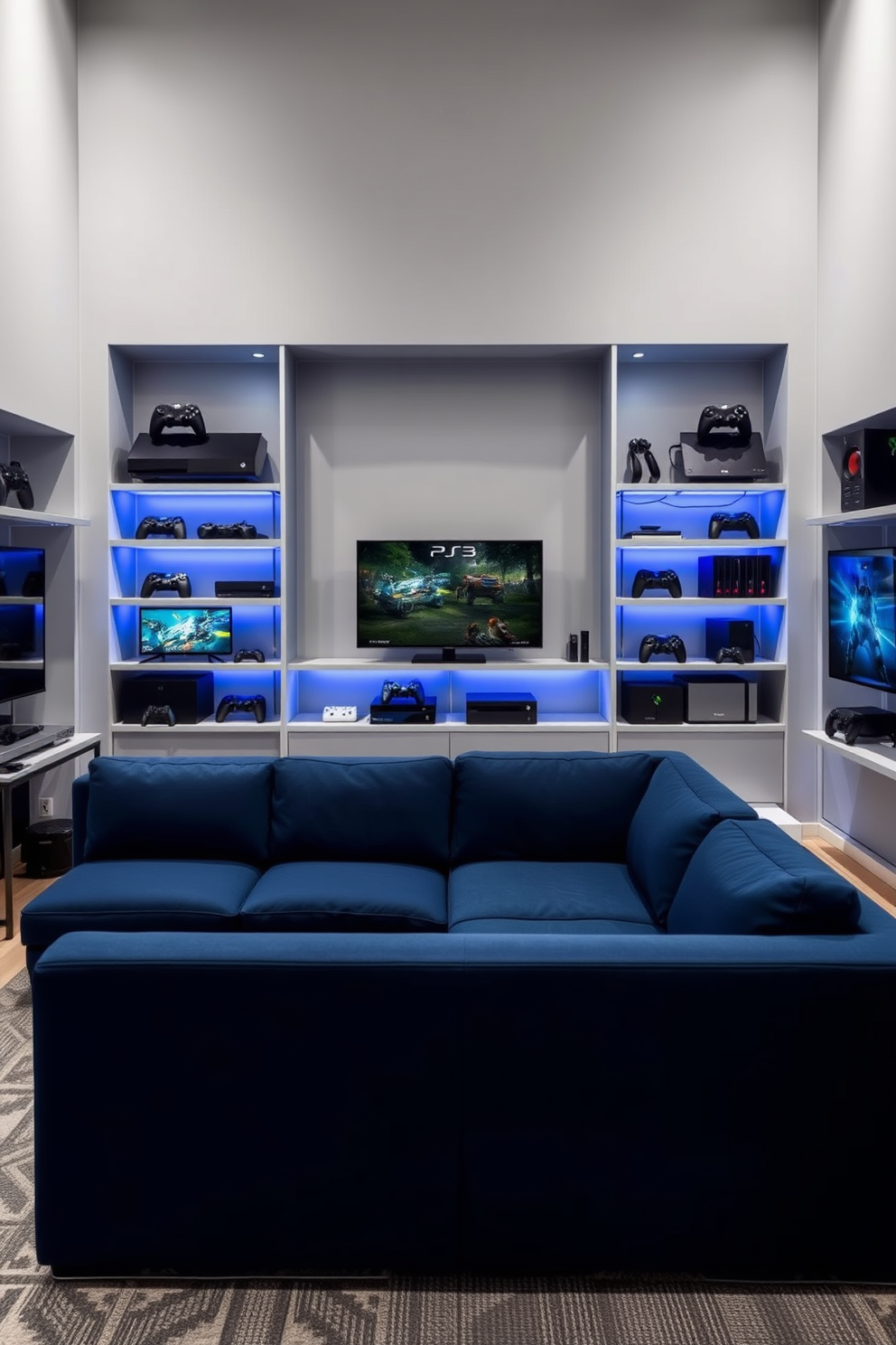 A sleek sectional sofa in a rich navy blue fabric is positioned in the center of the room, providing ample seating for guests. Surrounding the sofa are modern gaming consoles and accessories neatly organized on minimalist shelves. The walls are painted in a light gray tone, enhancing the room's contemporary feel. Soft LED lighting accentuates the gaming area, creating an inviting atmosphere for gaming enthusiasts.