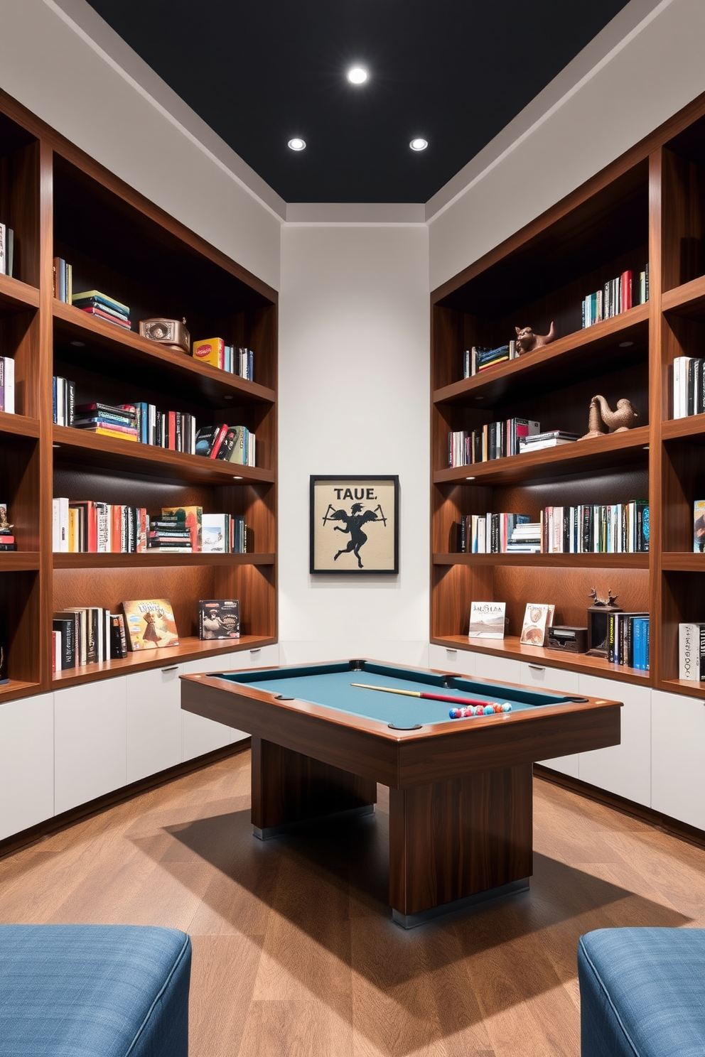 A contemporary game room features built-in shelves that elegantly display an array of books and games. The shelves are crafted from sleek wood with a rich finish, creating a warm and inviting atmosphere.