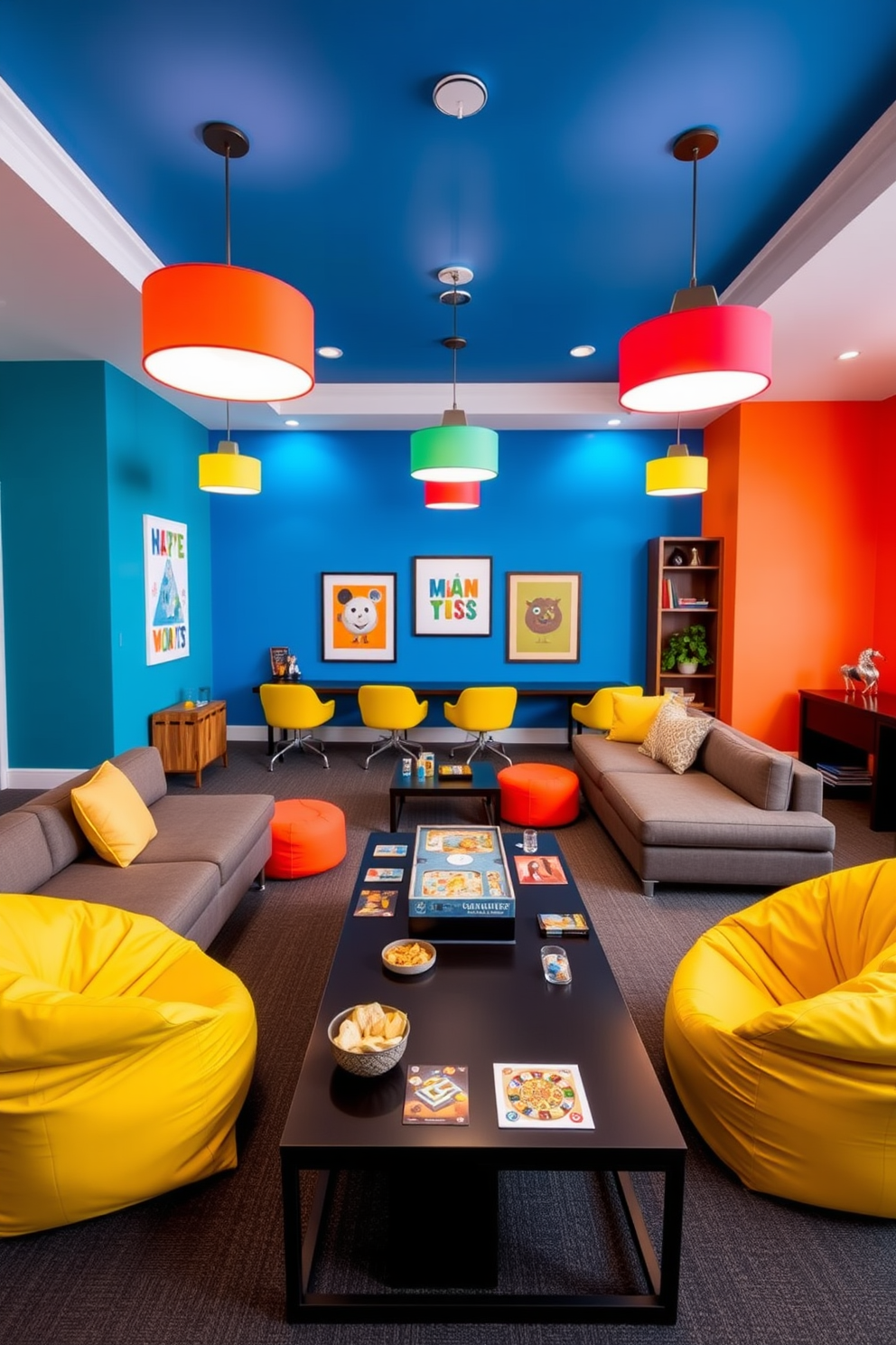 A contemporary game room filled with bright accent colors that create a playful vibe. The walls are painted in a vibrant blue, while the furniture features pops of yellow and orange, including a sleek sectional sofa and colorful bean bags. A large, modern coffee table sits in the center, adorned with fun board games and a bowl of snacks. The lighting includes stylish pendant lamps with colorful shades, enhancing the lively atmosphere of the space.