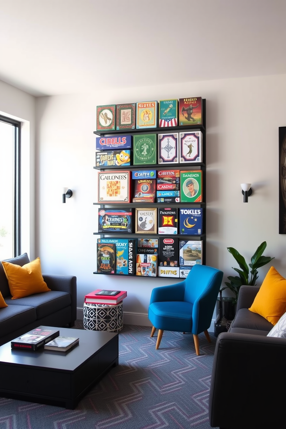 A contemporary game room features a wall-mounted game board display that showcases a variety of classic board games. The room is designed with comfortable seating, vibrant colors, and playful decor elements that create an inviting atmosphere for friends and family.