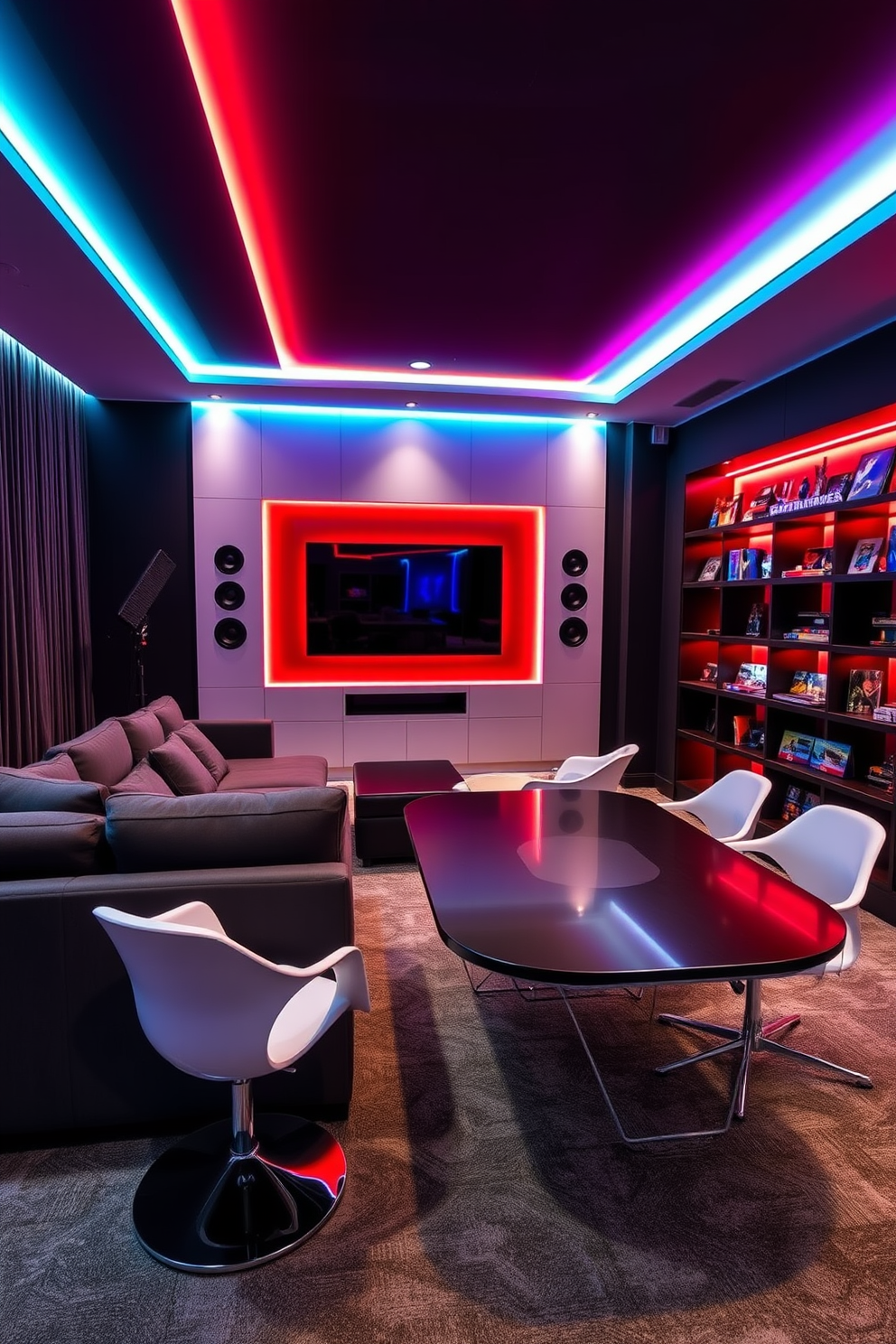 A contemporary game room featuring an integrated sound system for an immersive experience. The space includes a sleek sectional sofa facing a large flat-screen TV mounted on a feature wall with built-in speakers. The room is adorned with vibrant LED lighting that can be adjusted to set the mood. A stylish game table with modern chairs occupies the center, while shelves filled with games and collectibles add personality to the design.