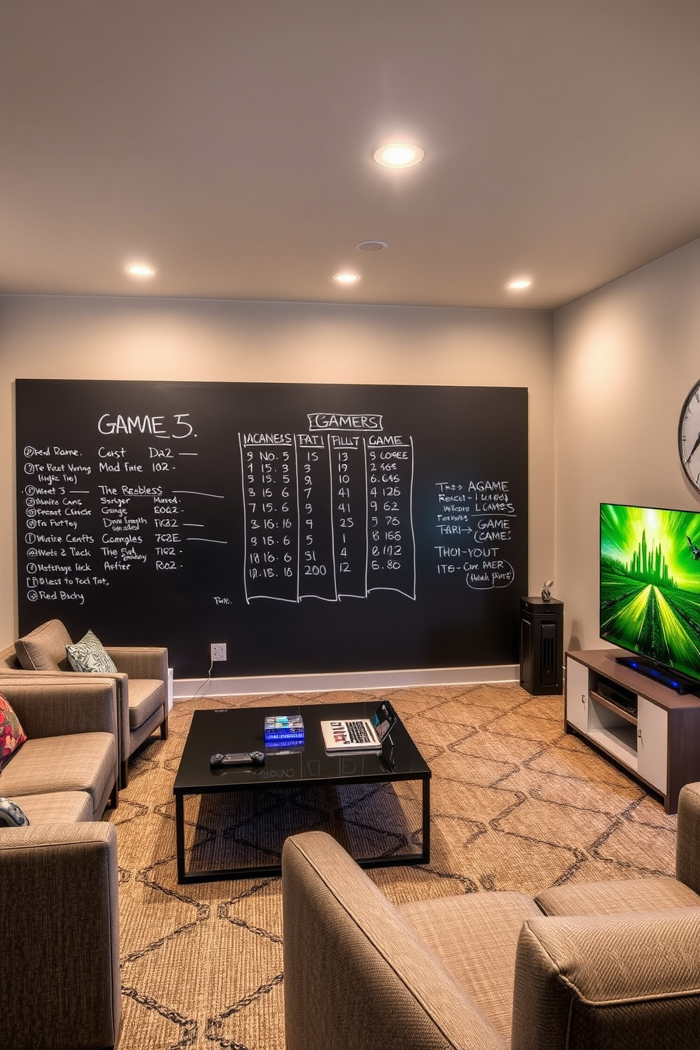 A contemporary game room features a chalkboard wall dedicated to tracking game scores, providing a playful and interactive element to the space. The room is furnished with comfortable seating, a sleek coffee table, and a modern gaming console setup, creating an inviting atmosphere for friends and family.