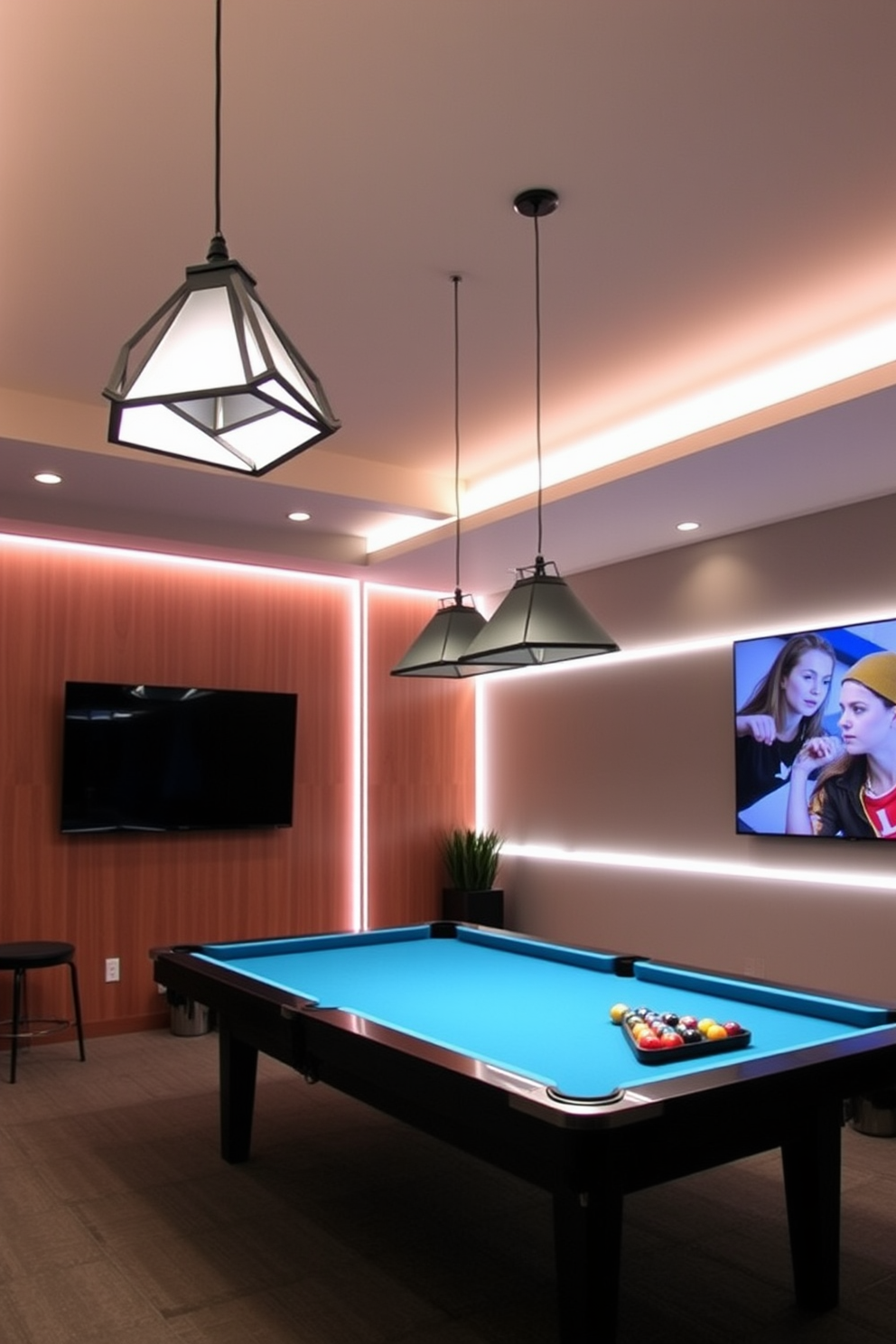 Creative lighting fixtures for a contemporary game room include sleek pendant lights with geometric designs that hang over a stylish pool table. Wall-mounted LED strips provide ambient lighting, enhancing the room's modern aesthetic while creating a vibrant atmosphere for gaming and entertainment.