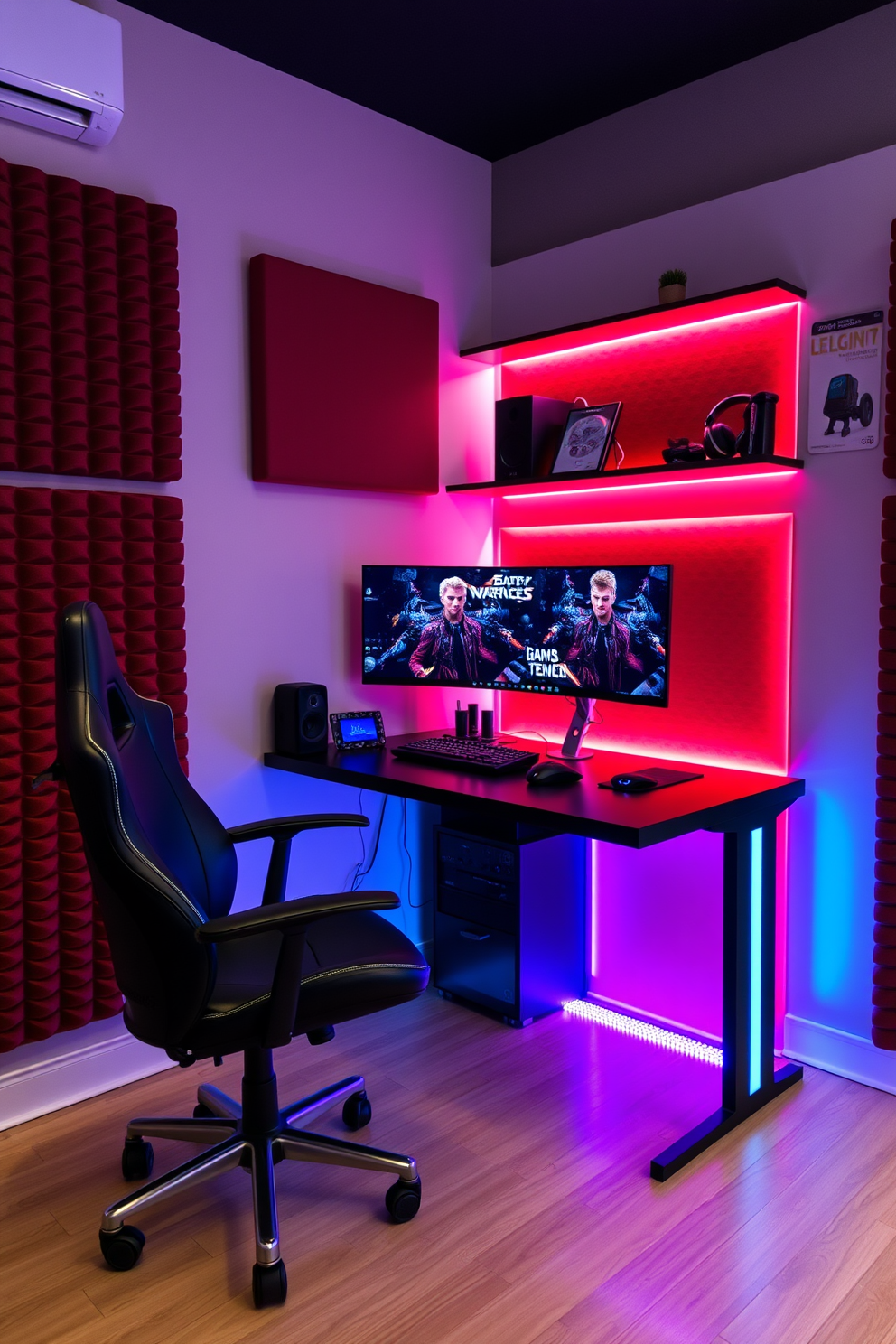 A compact desk designed for a PC gaming setup sits against a wall, featuring a sleek black finish and integrated cable management. Surrounding the desk are LED strip lights that create an immersive atmosphere, while a comfortable gaming chair complements the modern aesthetic. The room is styled with soundproofing panels in vibrant colors, enhancing both acoustics and visual appeal. A large wall-mounted monitor displays dynamic graphics, and shelves hold gaming accessories and collectibles, adding personality to the space.