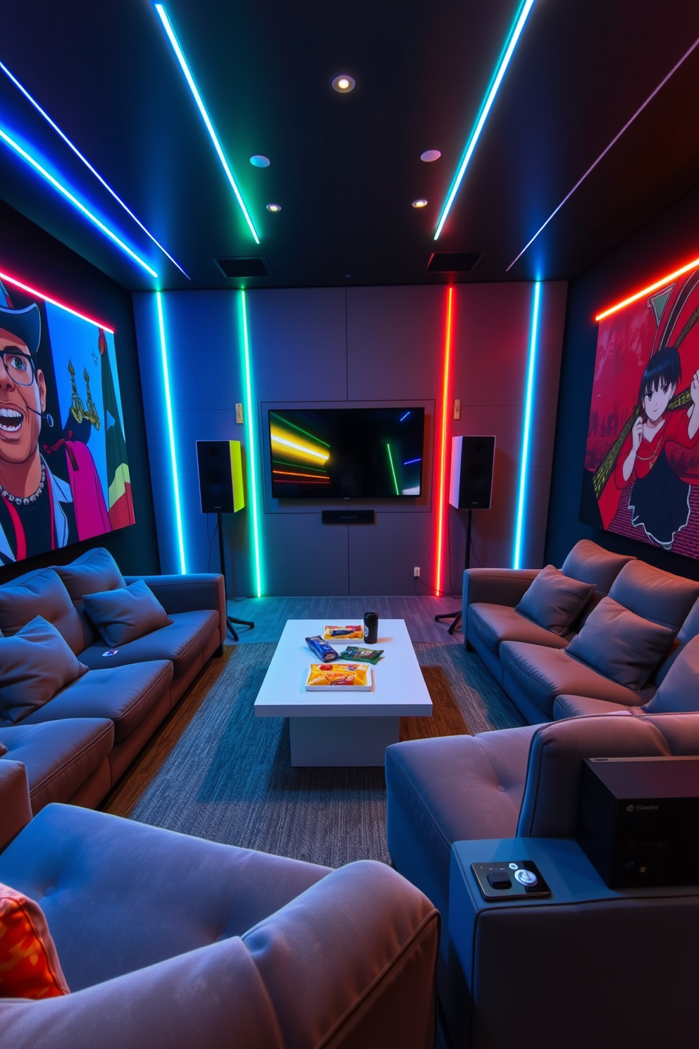 A modern gaming lounge features plush, oversized seating arranged in a cozy layout. The walls are adorned with vibrant artwork and LED strip lighting, creating an immersive atmosphere. In the center of the room, a sleek coffee table holds snacks and drinks for guests. A large screen is mounted on the wall, surrounded by soundproof panels for an enhanced gaming experience.