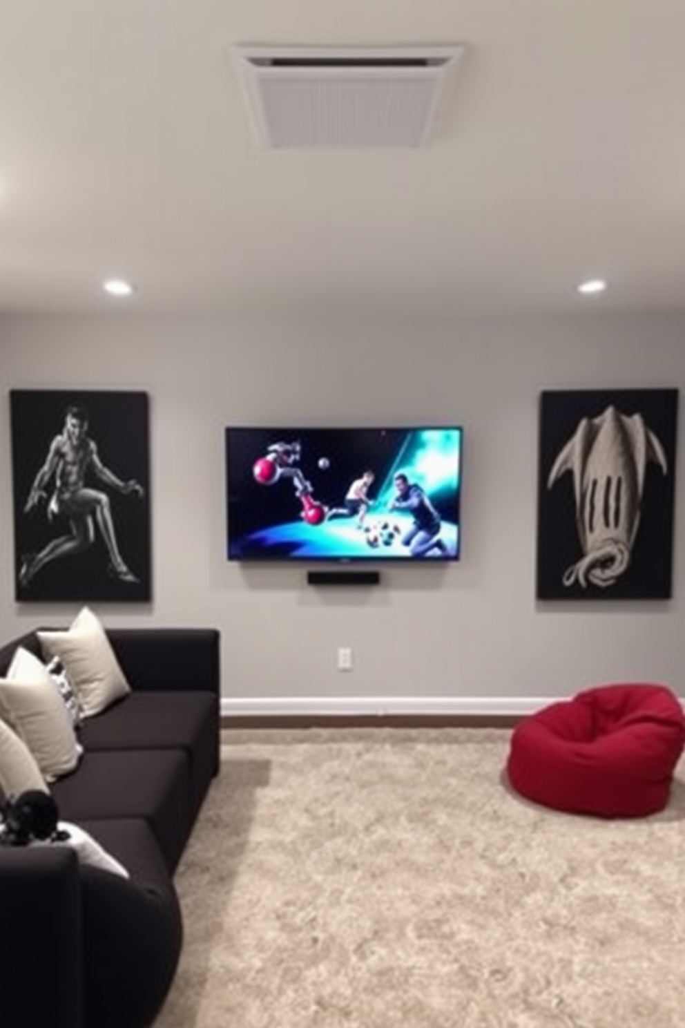 A contemporary game room features a wall-mounted TV positioned at eye level for optimal viewing during gaming sessions. The room is designed with comfortable seating, including a sectional sofa and bean bags, creating a relaxed atmosphere for entertainment.