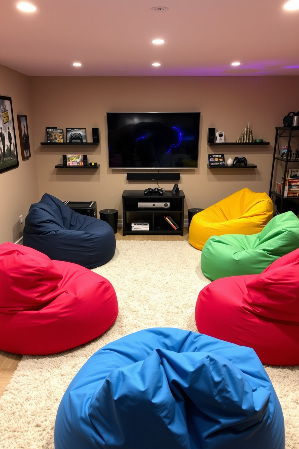 Cozy bean bags in vibrant colors are scattered around a spacious game room. A large flat-screen TV is mounted on the wall opposite a sleek gaming console, creating an inviting atmosphere for relaxation and fun. The walls are adorned with playful artwork and shelves filled with board games and gaming memorabilia. Soft ambient lighting enhances the cozy vibe, while a plush rug adds warmth underfoot.