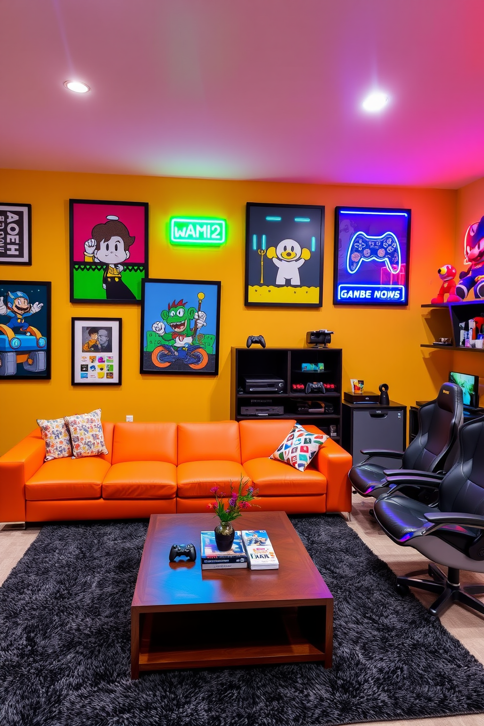 A contemporary game room featuring vibrant game-themed wall art that showcases classic video game characters and scenes. The space includes a sleek sectional sofa in a bold color, complemented by a modern coffee table and stylish gaming chairs. The walls are adorned with framed prints and neon signs that reflect a playful gaming aesthetic. A plush area rug anchors the seating area, while shelves display collectibles and gaming consoles for an immersive experience.