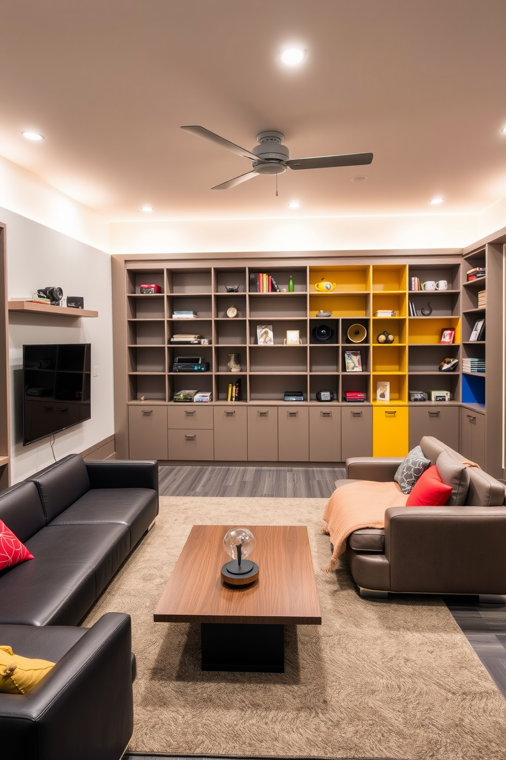 A contemporary game room features multi-purpose furniture that maximizes space and functionality. A sleek sectional sofa doubles as a guest bed, while a coffee table transforms into a gaming surface. The room is designed with modular shelving units that can be reconfigured for storage and display. Bright accent colors and modern lighting create an inviting atmosphere for both relaxation and entertainment.