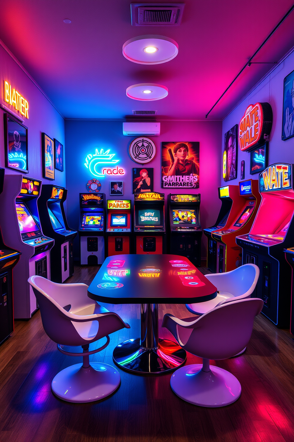 A vibrant game room filled with retro arcade machines that evoke a sense of nostalgia. The walls are adorned with colorful artwork and neon signs, creating an energetic atmosphere. In the center, a sleek gaming table with modern chairs complements the vintage machines. Soft LED lighting highlights the space, enhancing the playful vibe of this contemporary game room.