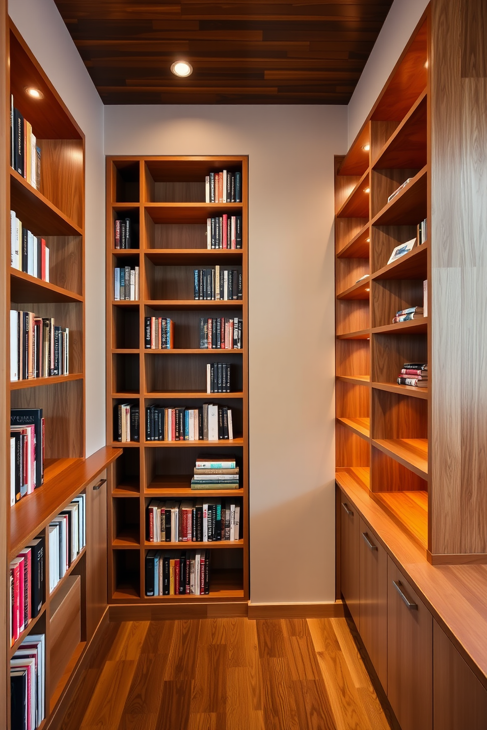 A contemporary home library features sleek built-in shelving that stretches from floor to ceiling. The warm lighting highlights the rich textures of the wooden shelves and creates an inviting atmosphere for reading and relaxation.