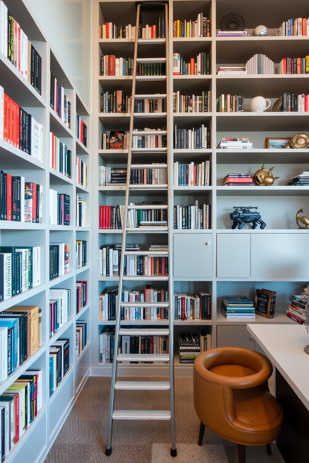 A contemporary home library featuring a sleek ladder for easy access to high shelves. The space is adorned with modern bookshelves that reach the ceiling, showcasing a curated collection of books and decorative items.