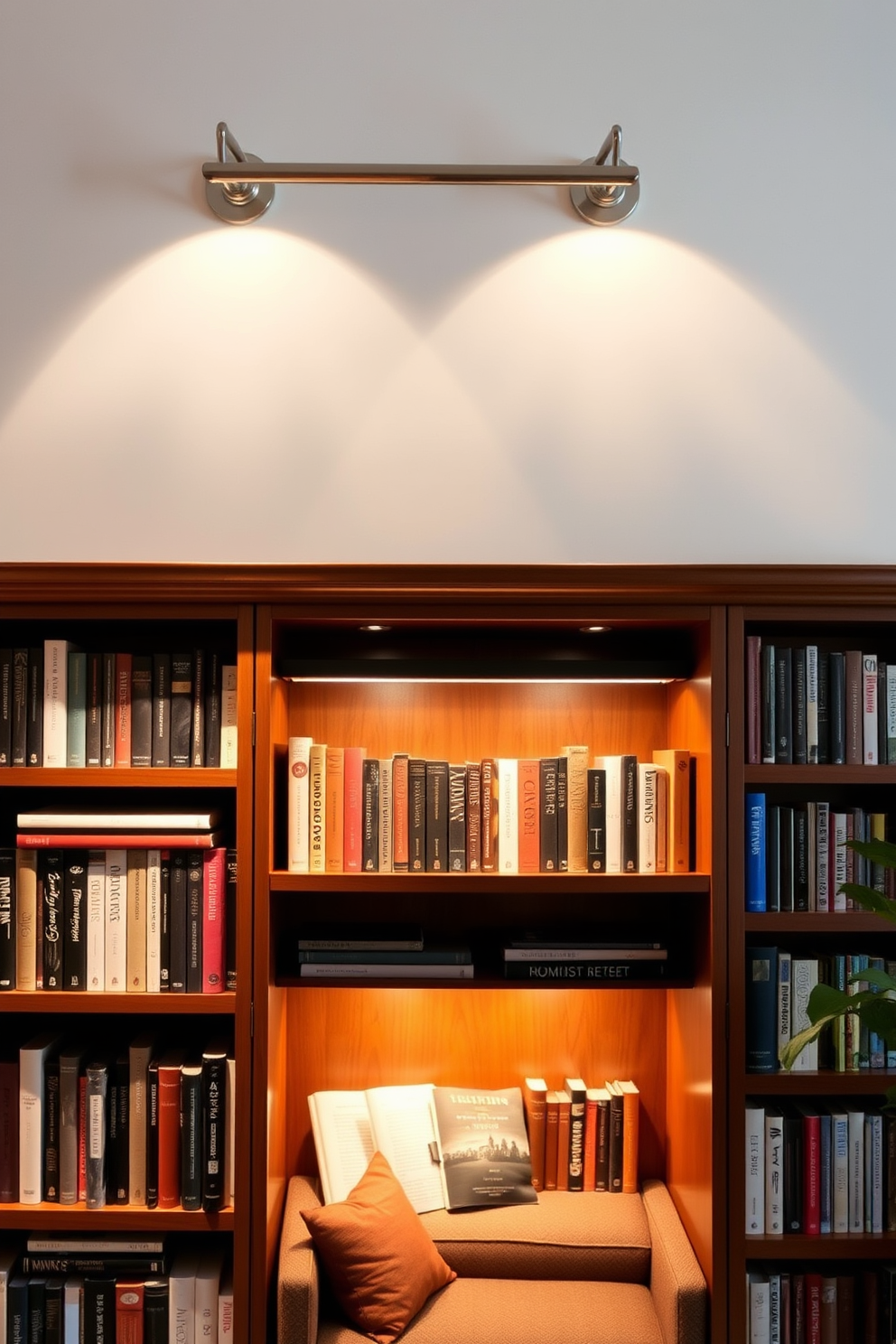 A contemporary home library features wall-mounted lighting strategically placed above a cozy reading nook. The warm glow of the lights highlights the rich wooden bookshelves filled with an array of books, creating an inviting atmosphere for focused reading.