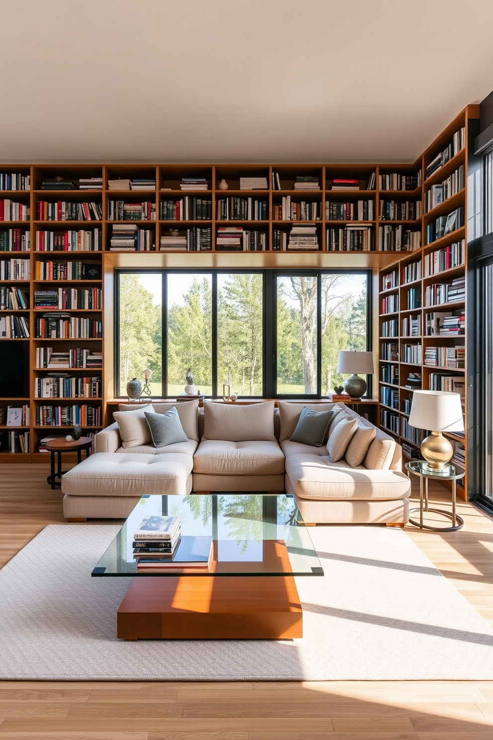 A contemporary home library featuring an open floor plan that seamlessly integrates with the living area. Floor-to-ceiling bookshelves line one wall, filled with a diverse collection of books and decorative items. A plush sectional sofa in neutral tones is positioned centrally, creating a cozy reading nook. Large windows allow natural light to flood the space, highlighting a sleek glass coffee table in front of the sofa.