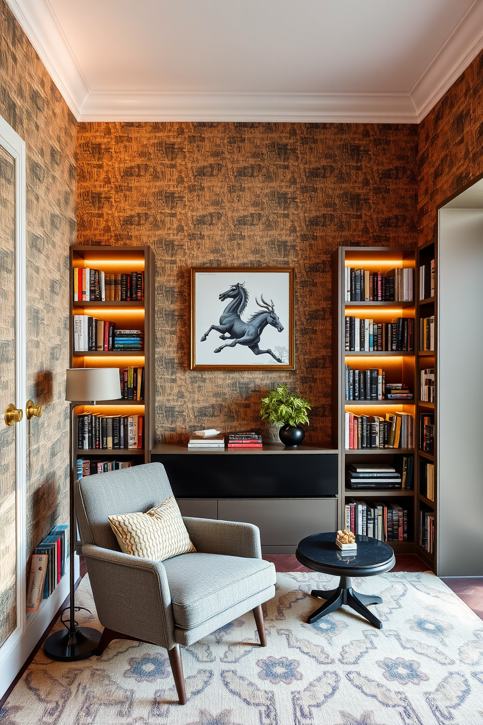 A contemporary home library featuring textured wallpaper that adds depth and interest to the space. The room is filled with sleek bookshelves, a comfortable reading chair, and warm lighting that creates an inviting atmosphere.