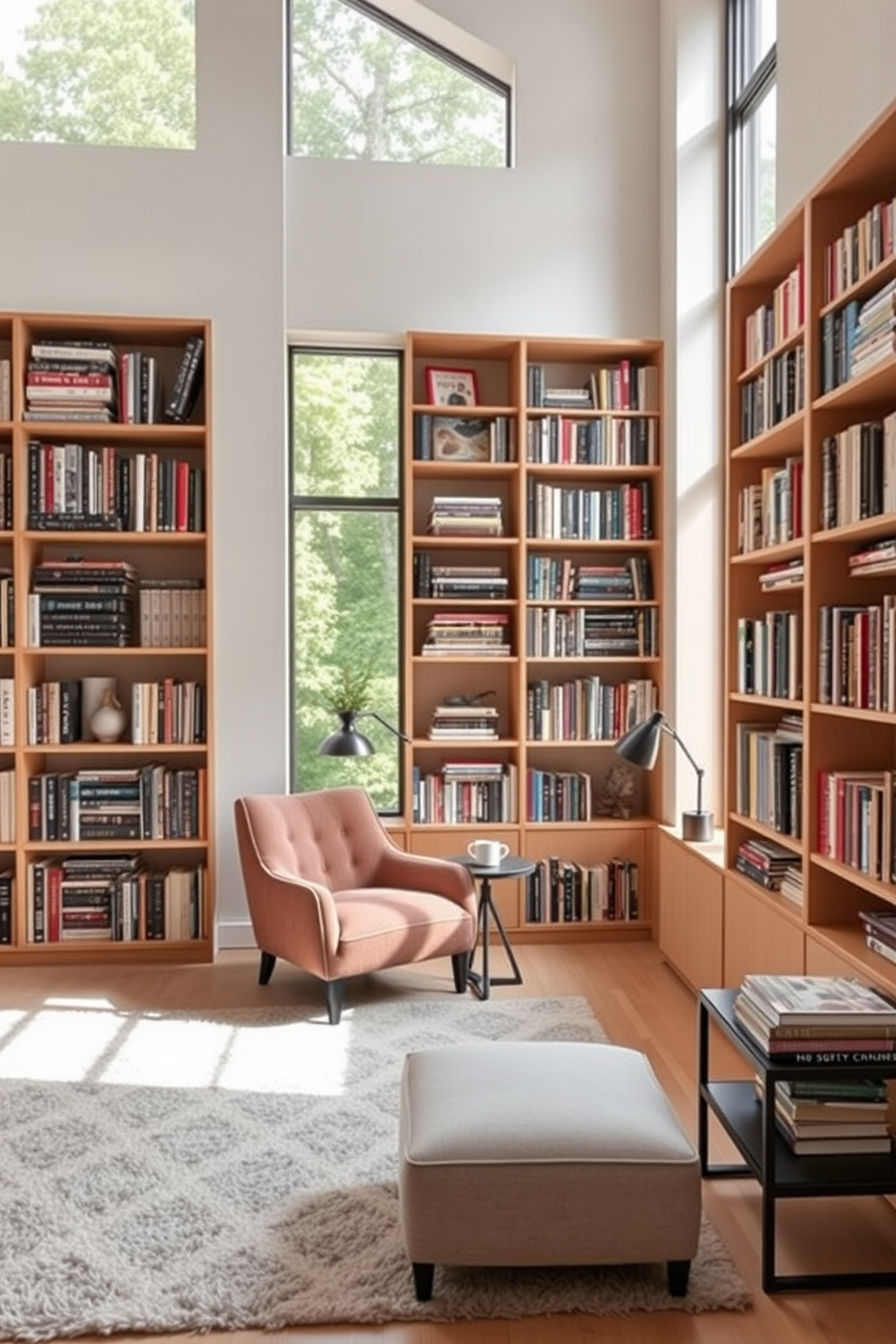 A contemporary home library with large windows allowing natural light to flood the space. The walls are lined with built-in bookshelves filled with an eclectic mix of books and decorative items. A cozy reading nook features a plush armchair and a small side table, perfect for enjoying a cup of coffee. The floor is covered with a soft area rug that adds warmth to the modern aesthetic.