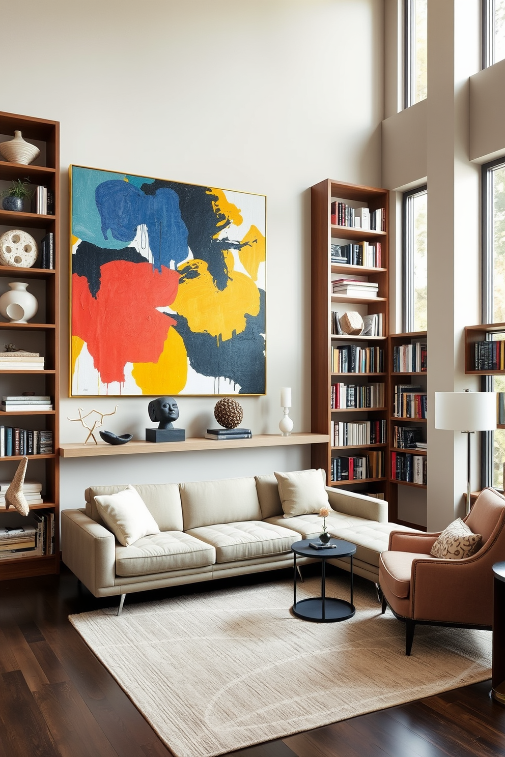 Contemporary art pieces to enhance decor. A large abstract painting in vibrant colors hangs above a sleek sectional sofa, creating a focal point in the room. Sculptural pieces in various materials are strategically placed on shelves and side tables, adding depth and interest to the space. The walls are painted in a neutral tone to allow the artwork to stand out. Contemporary home library design ideas. Floor-to-ceiling bookshelves with a mix of open and closed storage provide ample space for books and decorative items. A cozy reading nook with a plush armchair and a small side table is positioned by a large window, inviting natural light into the room.