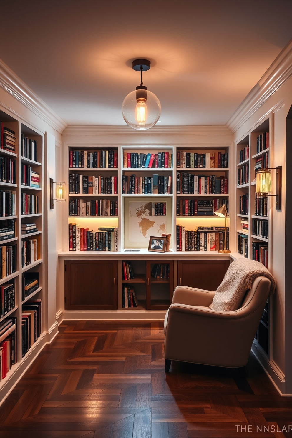 A contemporary home library features layered lighting that creates a warm and inviting atmosphere. The space includes built-in bookshelves filled with books, and a cozy reading nook with a plush armchair and soft throw blanket. Warm pendant lights hang above, complemented by sconces that provide additional illumination for reading. The walls are painted in a soft neutral tone, while a rich wooden floor adds warmth and sophistication to the design.