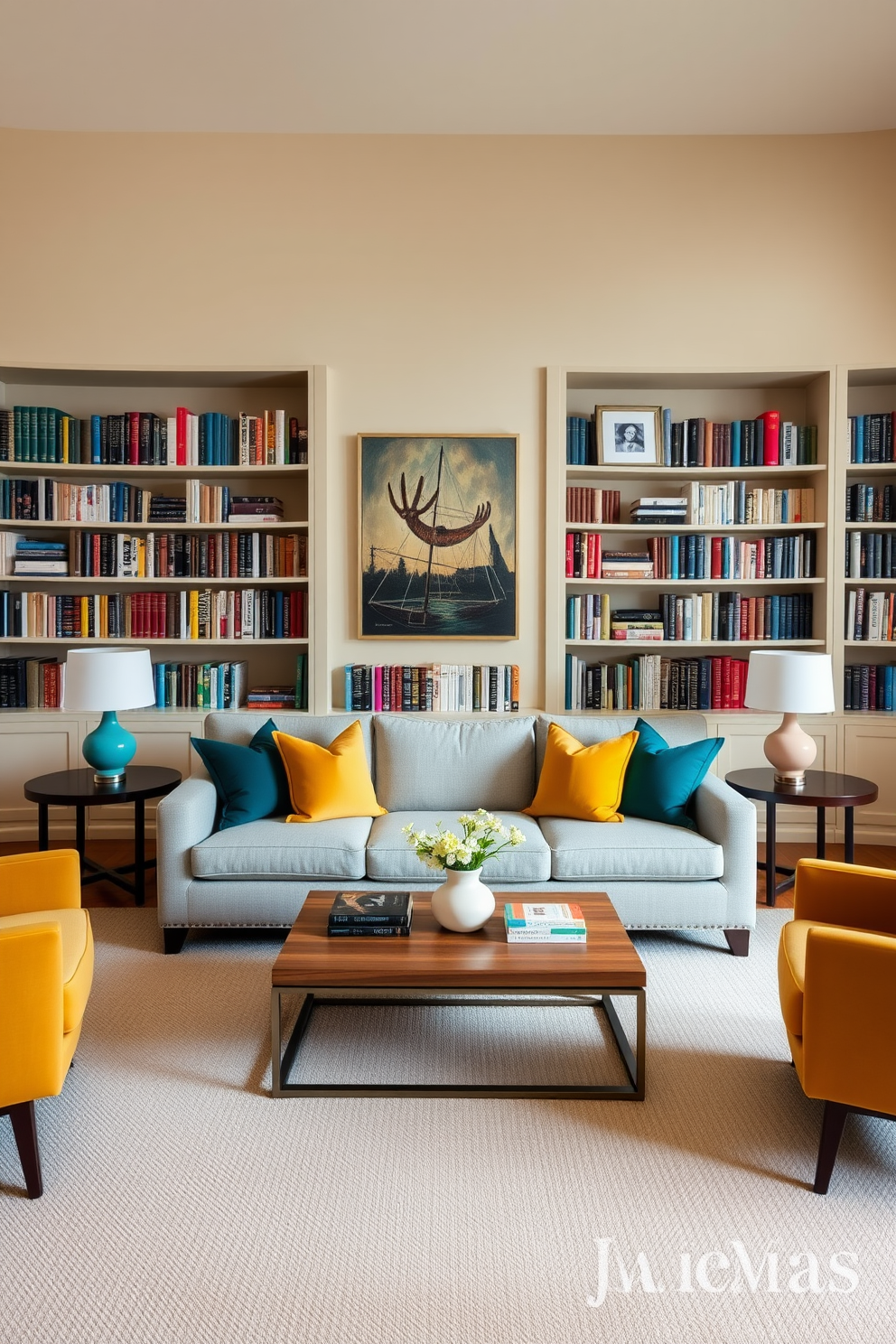 A contemporary home library featuring a neutral color palette with pops of vibrant colors. The walls are painted in a soft beige, while the bookshelves are filled with colorful books that add visual interest. A large, comfortable sofa in a light gray fabric is positioned in the center, accented with bright throw pillows in hues of teal and mustard. A sleek wooden coffee table sits in front of the sofa, surrounded by stylish armchairs in complementary colors.