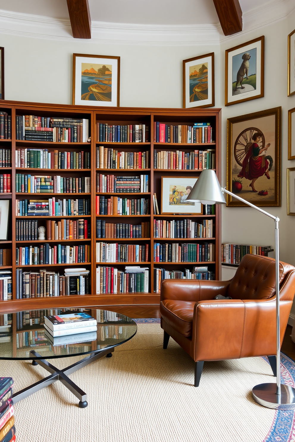 A cozy home library featuring a mix of vintage and modern elements. A large wooden bookshelf filled with classic books stands against one wall, complemented by a sleek glass coffee table in the center of the room. A plush leather armchair, reminiscent of mid-century design, is paired with a minimalist metal floor lamp. The walls are adorned with framed art pieces that blend traditional and contemporary styles, creating a warm and inviting atmosphere.