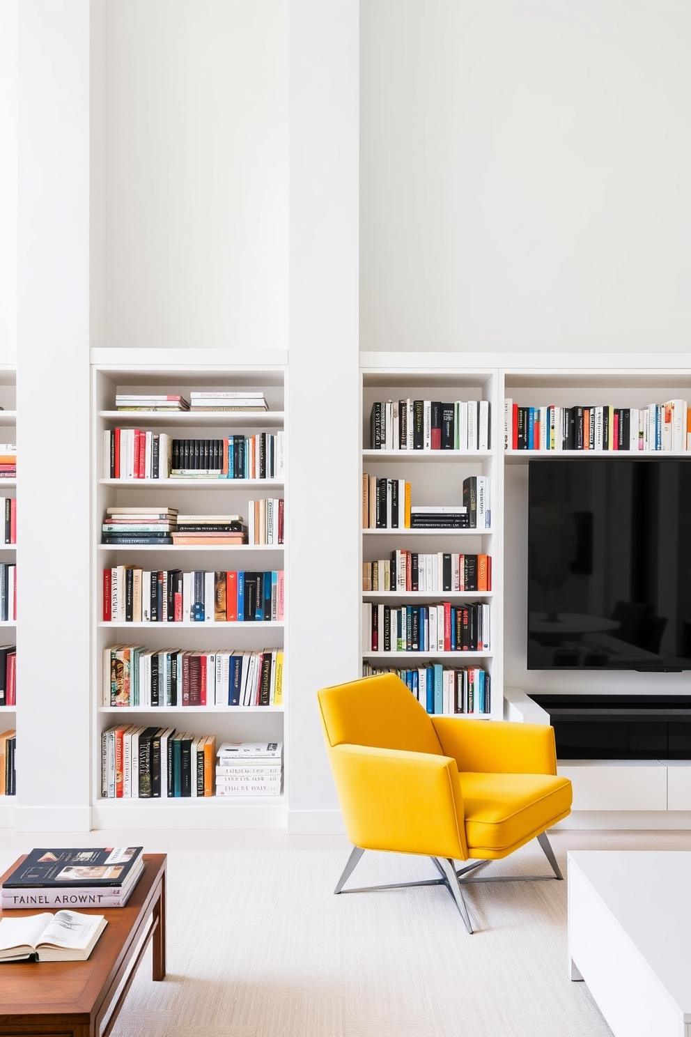 A contemporary home library featuring minimalist furniture with clean lines. The space includes a sleek white bookshelf filled with books, paired with a bold yellow armchair that adds a vibrant pop of color.