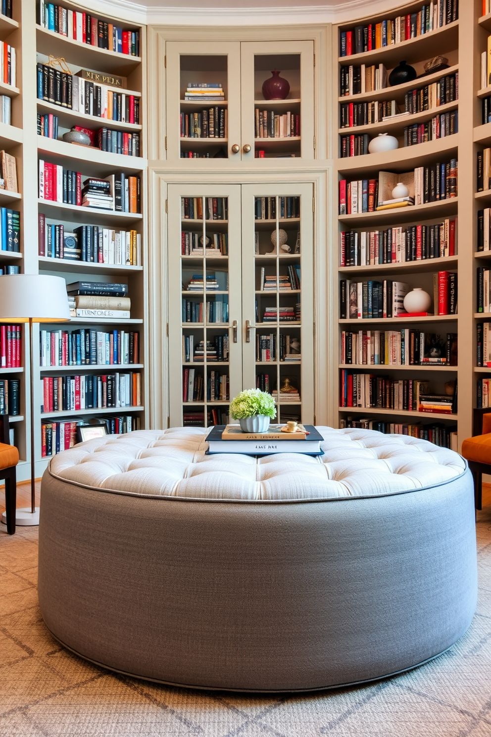 A comfortable ottoman upholstered in soft gray fabric sits in the center of a contemporary home library. Surrounding it are tall bookshelves filled with a curated collection of books and decorative objects, complemented by warm ambient lighting from stylish floor lamps.