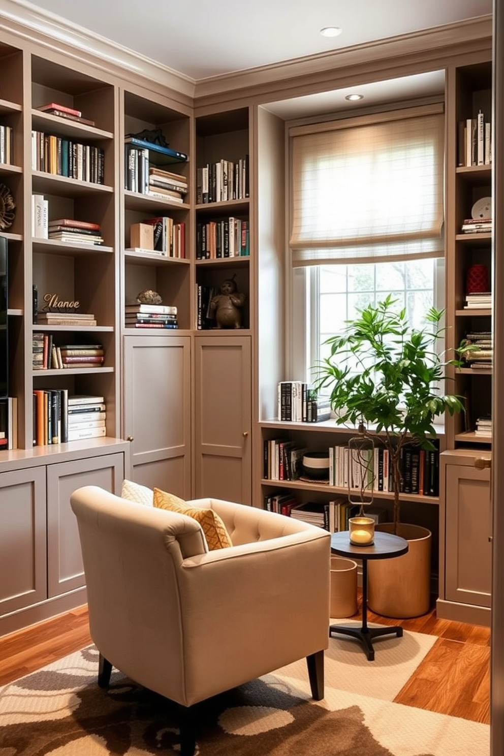 A contemporary home library with hidden storage solutions creates a tidy and organized look. Shelves are built into the walls, seamlessly blending with the decor while providing ample space for books and decorative items. A cozy reading nook features a plush armchair and a small side table, perfectly positioned next to a window for natural light. The color palette includes soft neutrals and rich wood tones, enhancing the inviting atmosphere of the space.