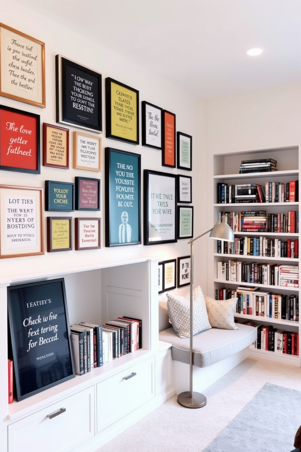 A personalized gallery wall featuring an array of framed favorite quotes in various styles and sizes. The wall is painted a soft white to enhance the vibrant colors of the artwork, creating an inspiring and uplifting atmosphere. A contemporary home library designed with sleek built-in bookshelves that stretch from floor to ceiling. A cozy reading nook is positioned by a large window, adorned with plush cushions and a stylish floor lamp for optimal lighting.