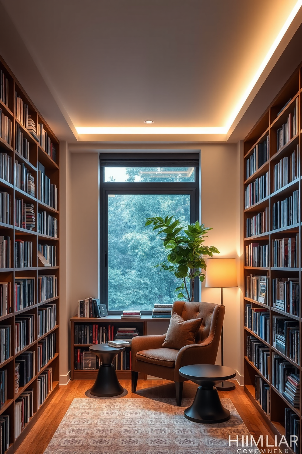 A contemporary home library featuring smart technology for enhanced convenience. Shelves filled with books line the walls, while a sleek, automated lighting system adjusts brightness based on time of day. A comfortable reading nook with a plush armchair and a side table is positioned near a large window. Integrated speakers play soft background music, creating a serene atmosphere for reading and relaxation.