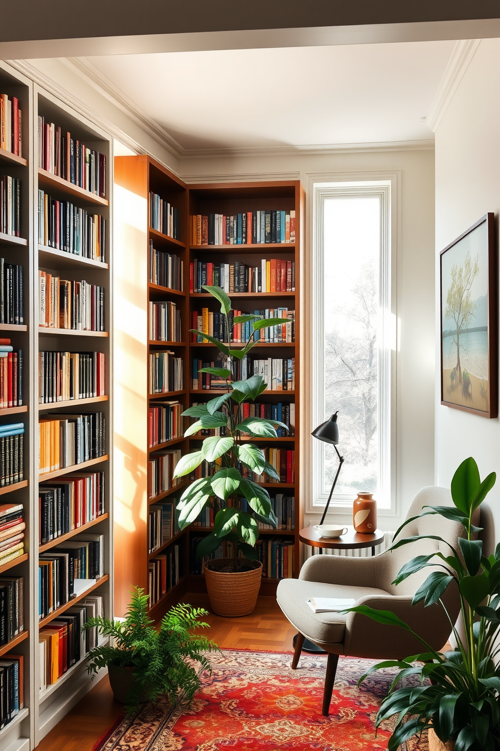 A contemporary home library filled with natural light. Shelves lined with books in a variety of colors create a vibrant backdrop, while a large potted plant stands in the corner, adding a touch of greenery. A cozy reading nook features a plush armchair and a small side table, perfect for enjoying a cup of tea. Wall art inspired by nature complements the plant life, enhancing the serene atmosphere of the space.