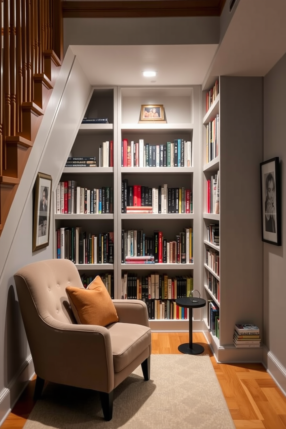 A contemporary home library nestled under the stairs features built-in shelving that maximizes vertical space. A cozy reading nook with a plush armchair and a small side table creates an inviting atmosphere for relaxation.