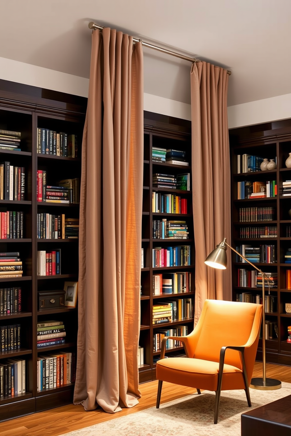 Chic curtains drape elegantly from a sleek rod, their fabric a soft linen in a muted taupe hue that complements the room's decor. The curtains gather gently at the sides, allowing natural light to filter in while maintaining a sense of privacy and sophistication. The contemporary home library features floor-to-ceiling bookshelves made of dark wood, filled with an array of colorful books and decorative items. A plush reading chair in a bold color sits invitingly in the corner, paired with a modern floor lamp that provides warm light for late-night reading sessions.