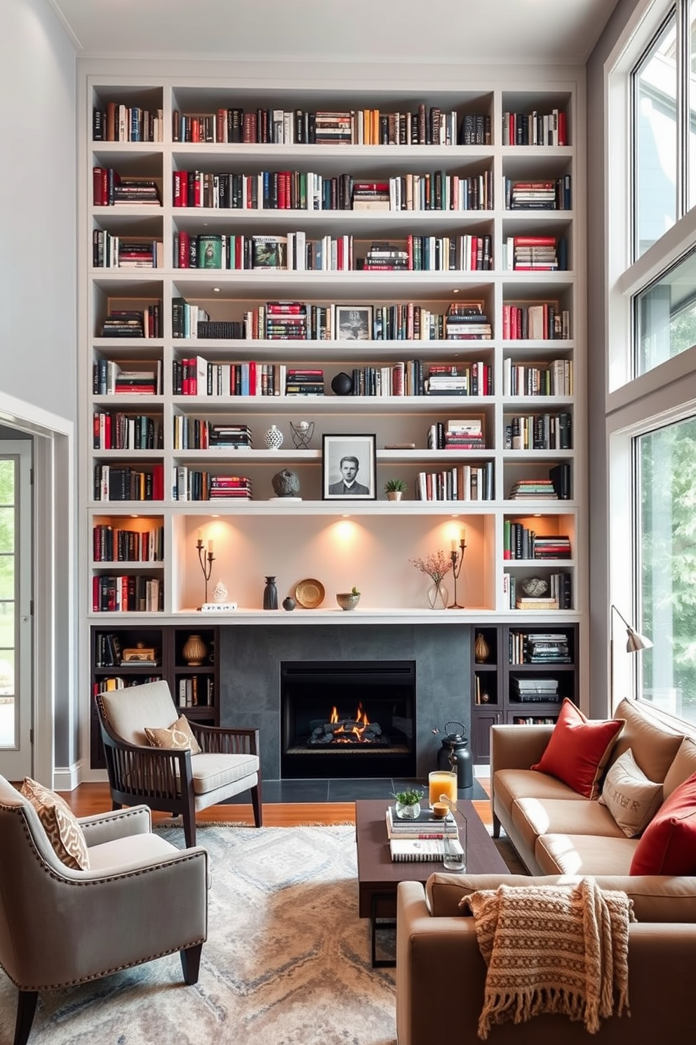 A contemporary home library featuring a sleek built-in bookshelf that spans the entire wall filled with an array of books and decorative items. In the center, a modern fireplace provides warmth and ambiance, surrounded by comfortable seating options including a plush armchair and a stylish sofa. The walls are painted in a soft gray tone, enhancing the inviting atmosphere of the space. Large windows allow natural light to flood in, while a cozy area rug anchors the seating arrangement, creating a perfect spot for reading and relaxation.