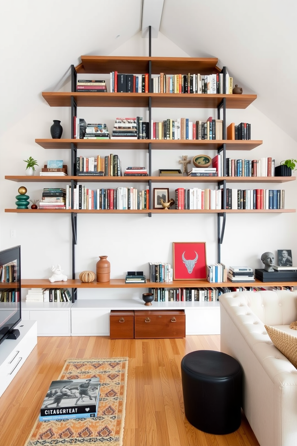 A contemporary home library featuring floating shelves that create a spacious and airy atmosphere. The shelves are filled with an eclectic mix of books and decorative items, enhancing the modern aesthetic of the room.