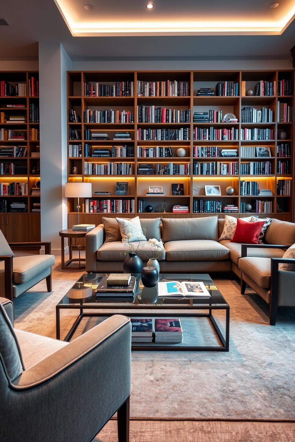 A stylish coffee table designed for casual reading features a sleek glass top supported by a minimalist metal frame. Surrounding the table are plush seating options, including a cozy sectional sofa and a pair of accent chairs, creating an inviting space for relaxation. The contemporary home library showcases floor-to-ceiling bookshelves filled with a curated selection of books and decorative objects. Soft ambient lighting illuminates the space, enhancing the warm wood tones of the furniture and inviting readers to unwind with their favorite novels.